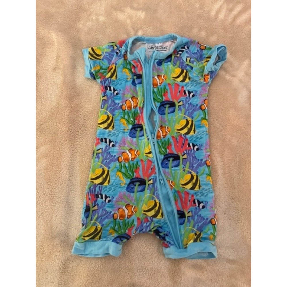 LMK Designs Bamboo Viscose Short Sleeve Romper Ocean Reef Fish Blue 6-12M